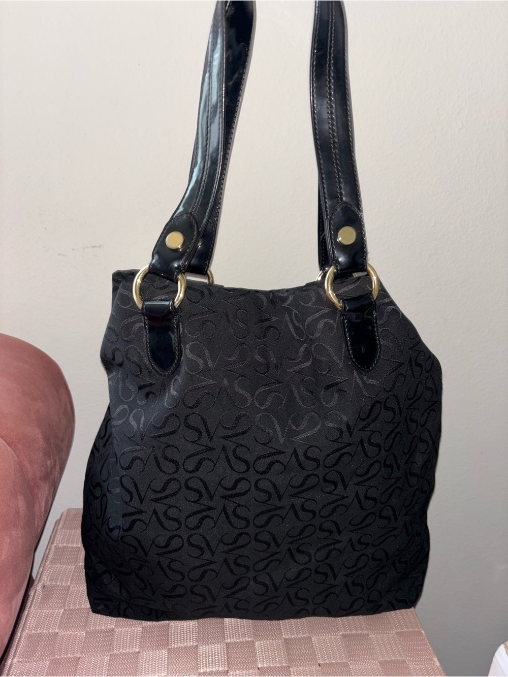 Simply Vera Vera Wang Black Monogram Shoulder Bag with Gold Hardware